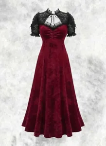 New Gothic Wine Red Velvet & Black Lace Collar Long Maxi Dress size 2XL 20 22 24 - Picture 1 of 6