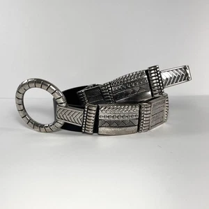 Chico's schwarz Leder & silberne Metallschnalle dehnbarer klobiger Gürtel Größe M - Bild 1 von 13