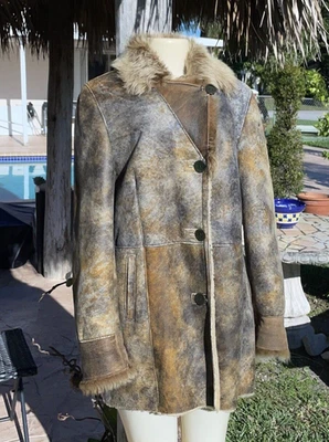 Chaqueta Abrigo Puño Cuello Piel de Oveja Marrón Azul Duck Distress Talla L Hecha en EE. UU. Foto 1 de 4