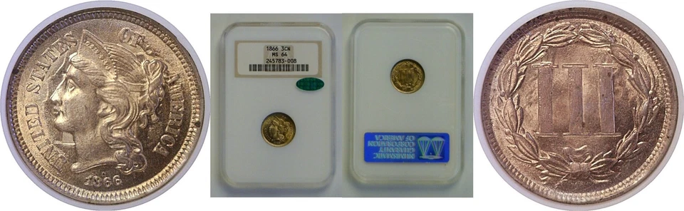 1866 Nickel Three Cent  -  NGC MS-64  CAC - Image 1 of 3