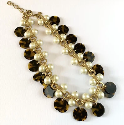 Collar J.Crew Eslabón Dorado Perla Tortuga Disco Declaración ~ Usado en Excelente Condición Foto 1 de 4