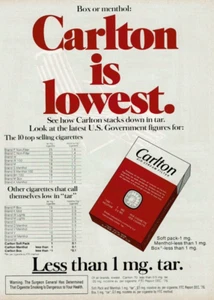 1977 Vintage Print Ad Carlton is lowest Box or Menthol Stacks Down in Tar Less - Picture 1 of 2