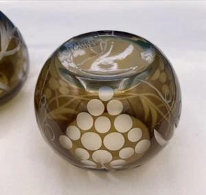 Yankee Candle Green Etched Glass Votive Candle Holders Grapevine Cluster x2 - Picture 1 of 8
