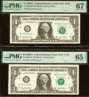 2003A $1 FRN PMG 67EPQ - Near Solid Serial Number 11111115* & 11111155* - Star - Image 1 of 4