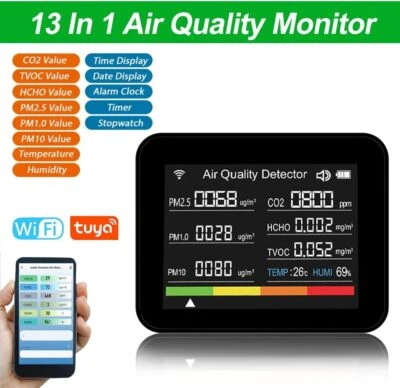 6in1 Air Quality Monitor CO PM2.5 TVOC HCHO Detector Carbon Dioxide Exceed Alarm