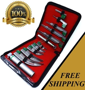 SET OF 10 FIBER OPTIC MAC & MILLER LARYNGOSCOPE BLADE+2 HANDLE INTUBATON kit - Picture 1 of 3