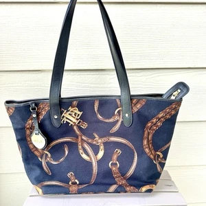 🔥Rare Ralph Lauren Canvas Zip Tote, Keaton 26 Equestrian Pattern, Black Straps - Picture 1 of 13