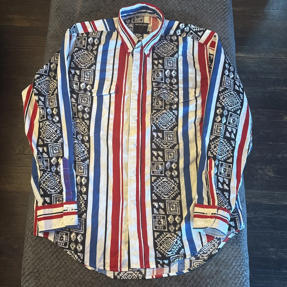 Vintage Wrangler Brushpopper Frontier Series Western Shirt Mens Large Aztec - Image 1 of 4