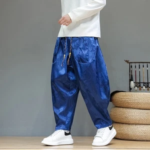 Men Dragon Print Harem Style Pants Lace Up Chinese Casual Tapered Trousers Loose - Picture 1 of 18