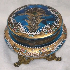 Antique Moser Peacock Blue Dresser Box Hand Enameled Art Deco Bohemian 1930s - Picture 1 of 24