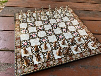 Copper Silver Chess Pieces with Wooden Chessboard - Handmade Chess Set Gift - Image 1 of 4