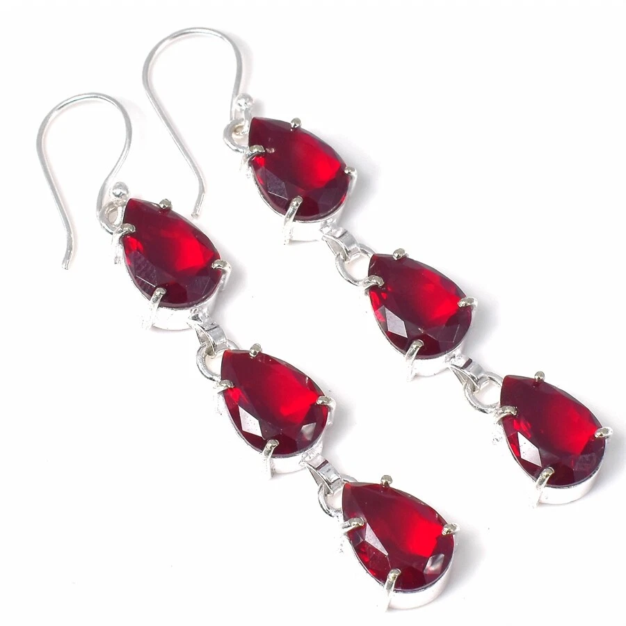 Mozambique Garnet Gemstone Handmade 925 Sterling Silver Jewelry Earring Sz 2.2'' - Image 1 of 1