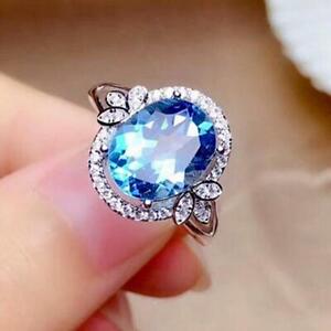 Women Blue Cubic Zirconia 925 Silver Ring Stone Wedding Party Jewelry Size 6-10
