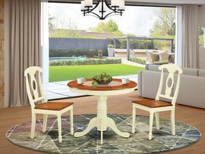 3pc dinette kitchen dining set table with 2 wood seat chairs buttermilk & cherry - Picture 1 of 12