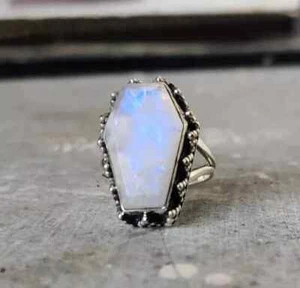 Rainbow Moonstone 925 Sterling Silver Handmade Coffin Ring All Size R210 - Picture 1 of 4