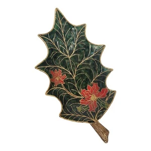 Vintage Natale Cloisonne Foglia di Agrifoglio 10" Trinket Piatto Smaltato Decorazione Vacanze MCM - Foto 1 di 6