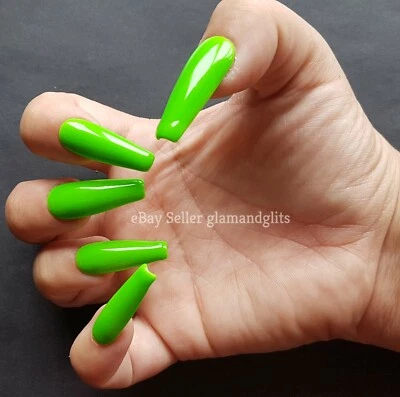 GLAM & GLITS 24 Hand Painted Gel Press On False Nails Neon Green Coffin Stiletto Square Oval