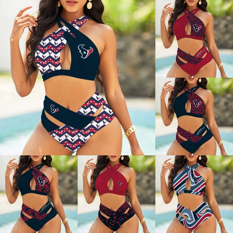 Houston Texans Women’s Front Cross Swimsuit Halter Neck High Waist Bikini Cover
