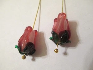 10 Dark Transparent Rose Green Leaves 12x9mm Lampwork Flower Glass Beads DNDR  - Picture 1 of 4