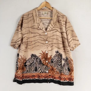 TEDDI Shirt Blouse 1X Brown Button Up Zebra Safari Print Rayon Short Sleeve - Picture 1 of 8