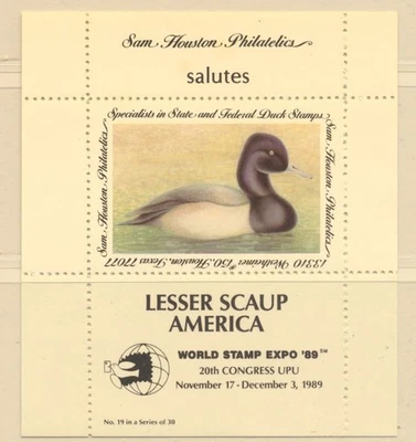 USA Sam Houston Duck Company World Stamp Expo '89 Lesser Scaup America MNH - Image 1 of 2