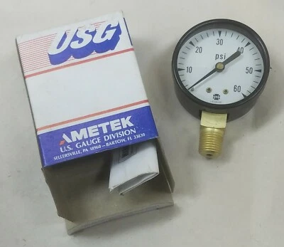 US Gauge 60# 60 PSI 2" Bottom-mount Pressure Gauge 1/4" NPT - NEW - Image 1 of 3