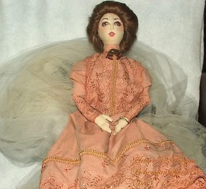 ARTURO E. Reyna DONCELLA VICTORIANA ALGODÓN VESTIDO CABELLO HUMANO FIRMADO MUÑECA TRAPO - Imagen 1 de 11