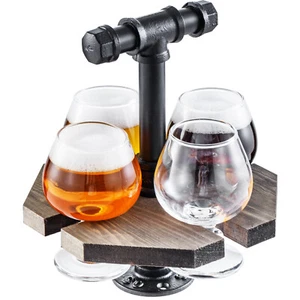 Gray Wood Beer or Whiskey Flight Set w/ 4 Tasting Glasses, Beer Glasses Holder - Picture 1 of 7