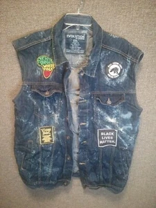 EVOLUTION Size 2XL Sleeveless Blue Jean Jacket With Patches - Picture 1 of 13