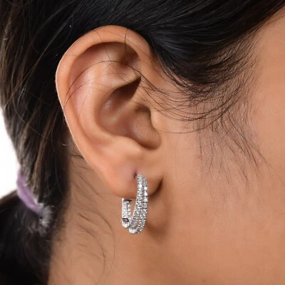 1.66 Ct Lab Grown CVD Round Pave Diamond Hoop Earrings Gift 18k White Solid Gold - Image 1 of 4