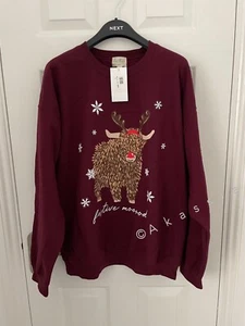 Next Burgundy Red Christmas Hamish The Highland Cow Crew Neck Sweatshirt Jumper - Picture 1 of 4