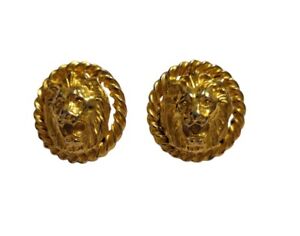 Vintage Lion Head Rope Trim Gold Tone Pierced Earrings Round 1 In Diameter