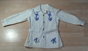 Vintage 1970's Women's White Denim Blue Embroidery Chore Jacket Embroidered Med - Picture 1 of 17