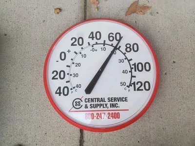 12" Round Plastic Thermometer Central Service & Supply Des Moines Iowa Red. - Image 1 of 4