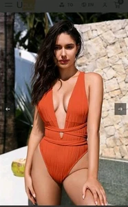 Zaful Women's M One Piece Copper Ribbed Swimsuit Deep Plunge Neck Wrap Tie - Picture 1 of 5