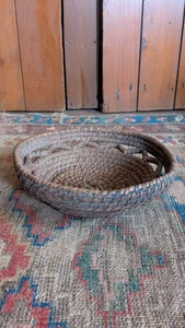Best Antique Early Primitive Wood Splint Ornate Rye Straw Basket Bowl 9" Patina - Picture 1 of 10