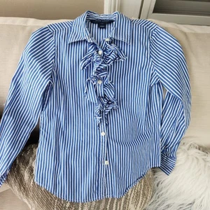 Ralph Lauren Girls Striped Shirt Blue White Button Down Ruffle Cotton 7 - Picture 1 of 3