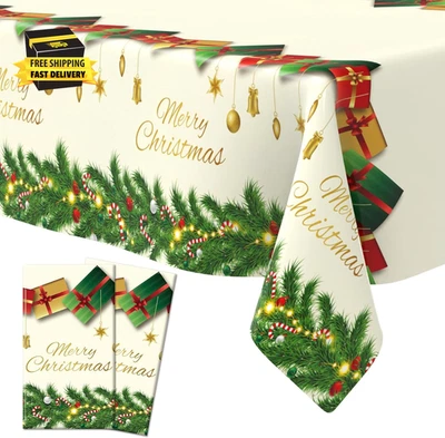 2 PCS Plastic Christmas Tablecloths(54X108 Inch) Rectangle Disposable White Gree - Image 1 of 4