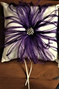 NIB Studio His & Hers Wedding Ring Pillow, Purple OR Turquoise on White, 6.5" Sq - Picture 1 of 5