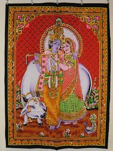 Hindu God Radha Krishna with Cow Sequined Indian Wall Hanging 80 x 110 cm - Picture 1 of 4