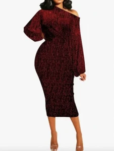 Red Sparkly Long Sleeve Slim Fit Off Elegant Party Midi Bodycon Shoulder Dress - Picture 1 of 4