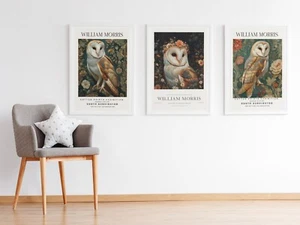Set of 3 William Morris Vintage Owl Cotton Prints Exhibition Botanical Posters  - Picture 1 of 8
