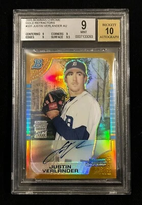 2005 Bowman Chrome #331, Justin Verlander GOLD Refractor AUTO RC, BGS 9, 10 auto - Image 1 of 4