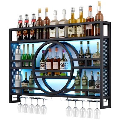 LED Wine Rack Bar Shelves Wall Mounted Kitchen Storage Rack +Wine Glass Holder - Image 1 of 4