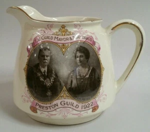 Staffordshire 1922 pitcher The Guild Mayor and Mayoress Preston by W. Kilner - Picture 1 of 9