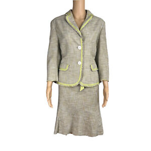 ANN TAYLOR 2PC Green Gray Tweed Lined Notch Collar Belted Skirt Suit Size 12