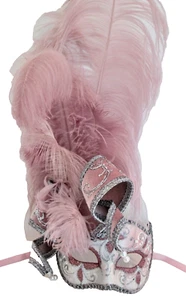 MAR 20 HANDMADE IN ITALY, PAPIER MACHE, PINK OSTRICH FEATHERS/SILVER FACE. - Picture 1 of 3
