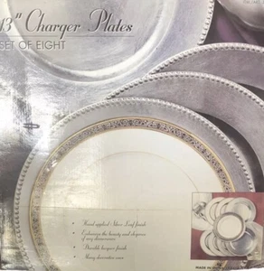 Hand Applied Silver Leaf Finish Beaded 13” Charger Plates Set of 8 New In Box - Picture 1 of 4