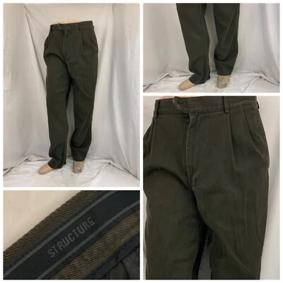 Structure Jeans 36x33 绿色褶饰 100% 棉直筒 YGI P2-342 — 第 1/4 张图片
