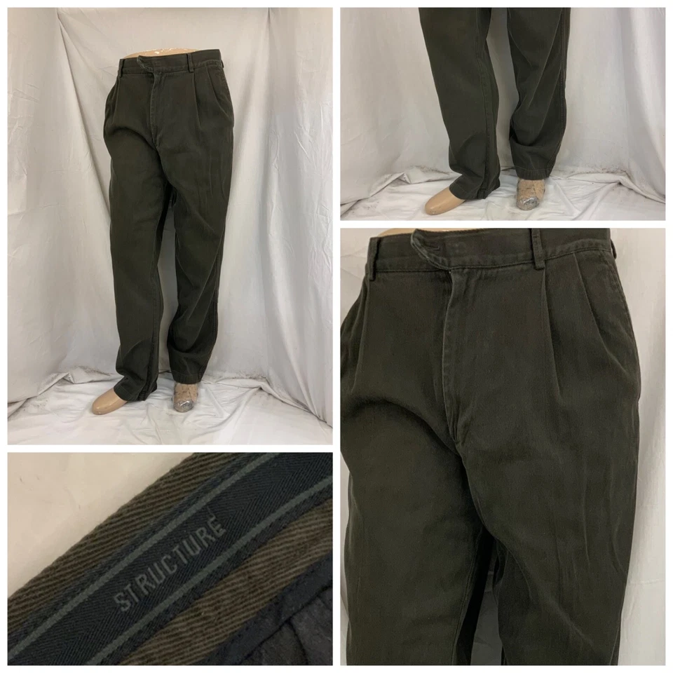 Pantalones de mezclilla Structure 36x33 plisados verdes 100 % algodón rectos YGI P2-342 Foto 1 de 4